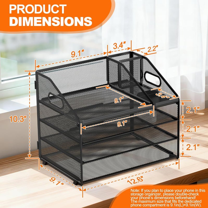 Docnest 4 Tier Metal Mesh Letter Tray - Space Saving Desk File Organizer with Handle, Pen Holder & Folder Holder - Desktop Document Sorter for Office, Home, School, Classroom - Black - Image 2